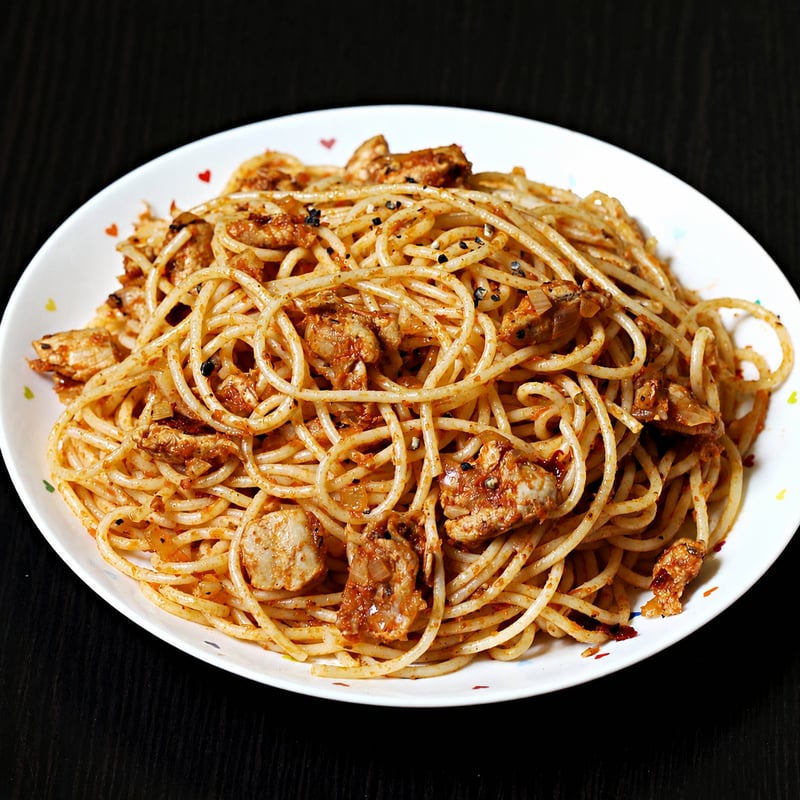 Spaghetti and shredded chicken 